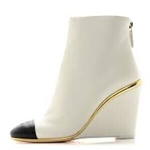 CHANEL Lambskin Cap Toe Wedge Boots White Black Size 38.5 BNIB